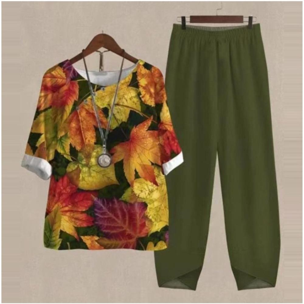 Women's Casual Two-Piece Floral Print Outfit Five-Point Sleeve Tops and Elastic Waist Pants Set