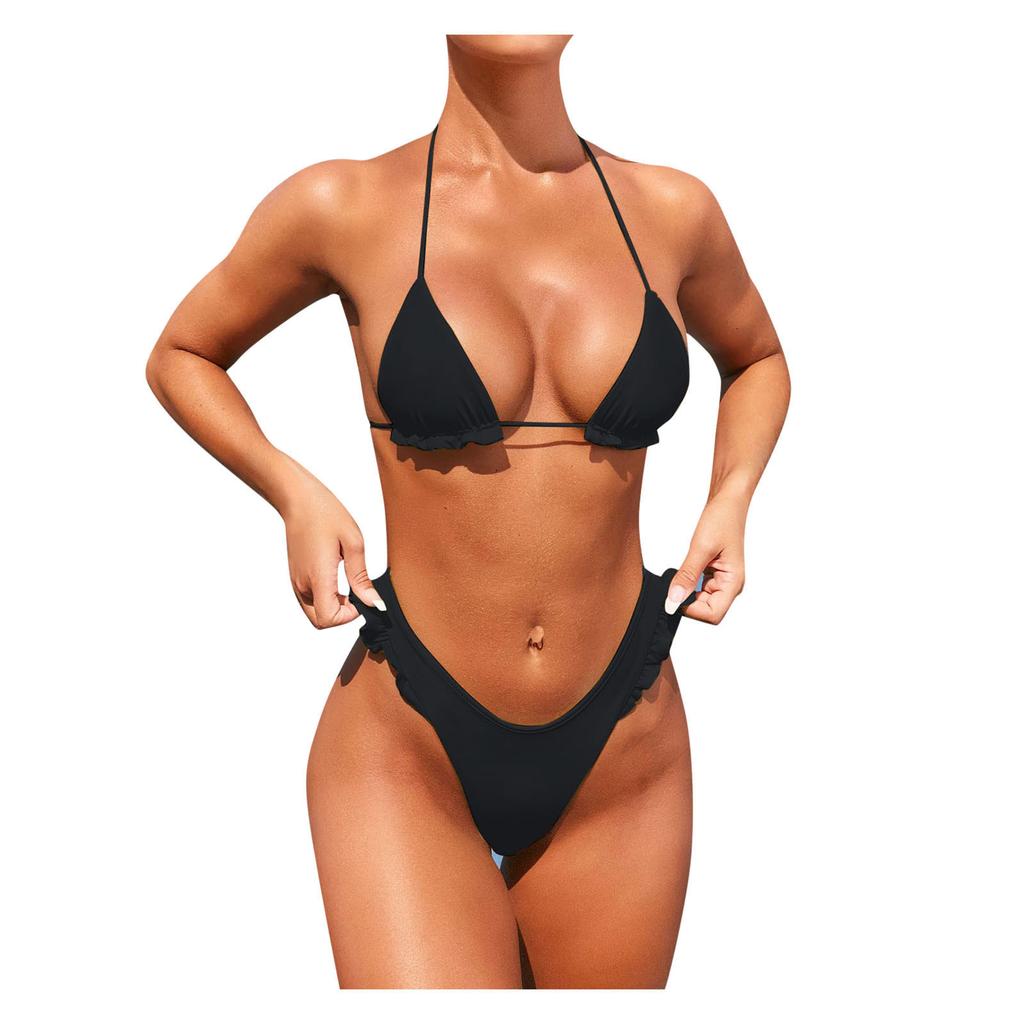 Women Contrast Panel Bandage Bikini Set Push-Up Swimwear Beachwear Swimsuitit
