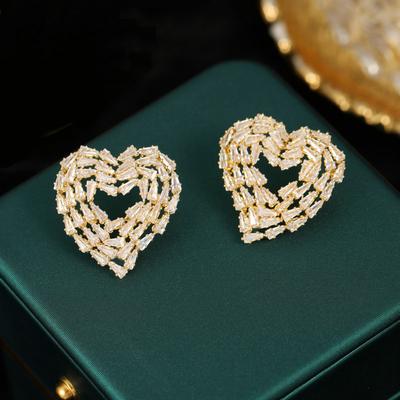 New Copper Micro Inlaid Cubic Zirconia Heart Shaped Hollow Earrings Clothing Accessories Gifts