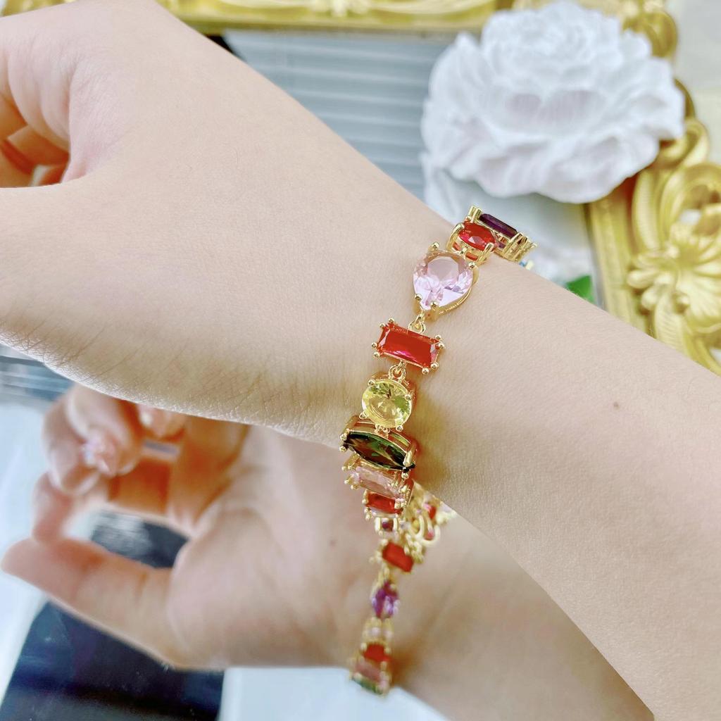 Women's Square Crystal Rainbow Jewelry Set: Bracelet, Necklace & 18K Gold Plated Earrings