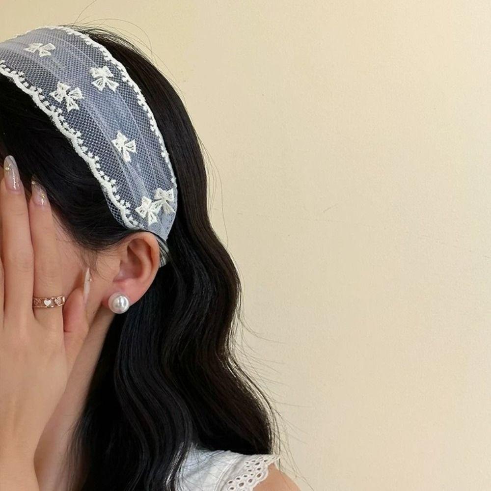 Bowknot Bow Hair Band Wide Edges Mesh Hair Hoop All-match Embroidery Lace Headband Headwear