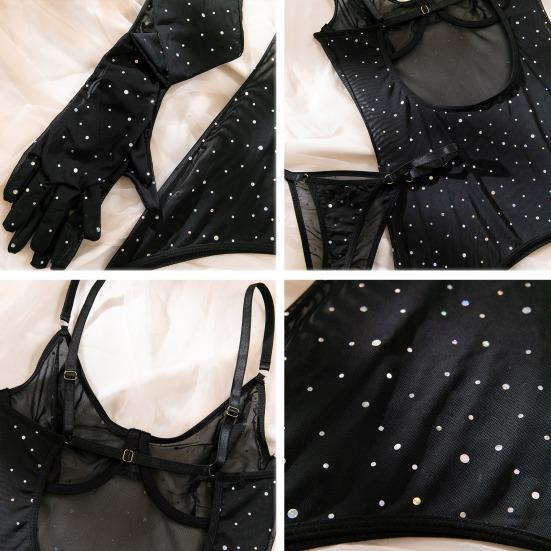 Sexy Mesh Mini Bodycon Dress for Women Sparkly Glitter Sequins Sheer See Through Cami Dress with Thong And Long Gloves