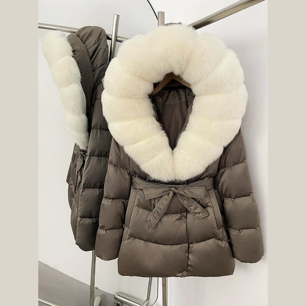 Winter Fox Big Fur Collar High-end Thickened Down Jacket Women's Mid-length Waist Imitation Leather Jacket