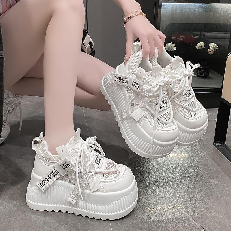Fashion Women's Dad Shoes 8cm Height Increase Spring Summer New Style Lace Breathable Platform Thick Bottom Net Surface White Shoes