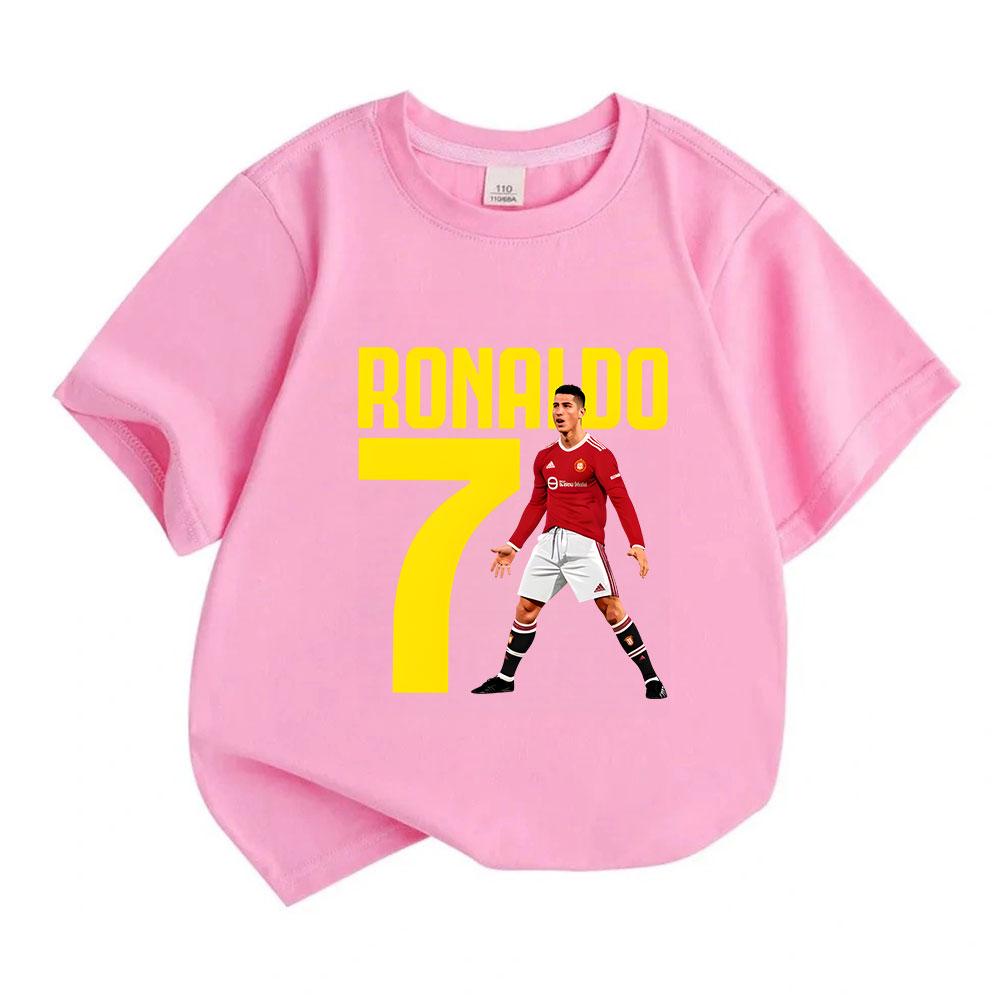 Boys Girls 100% Cotton Crew Neck Short Sleeve T-Shirt, Classic Football Star No.7 Ronaldo Printed Casual Soft Breathable Tee for Kids Daily Wear Sport