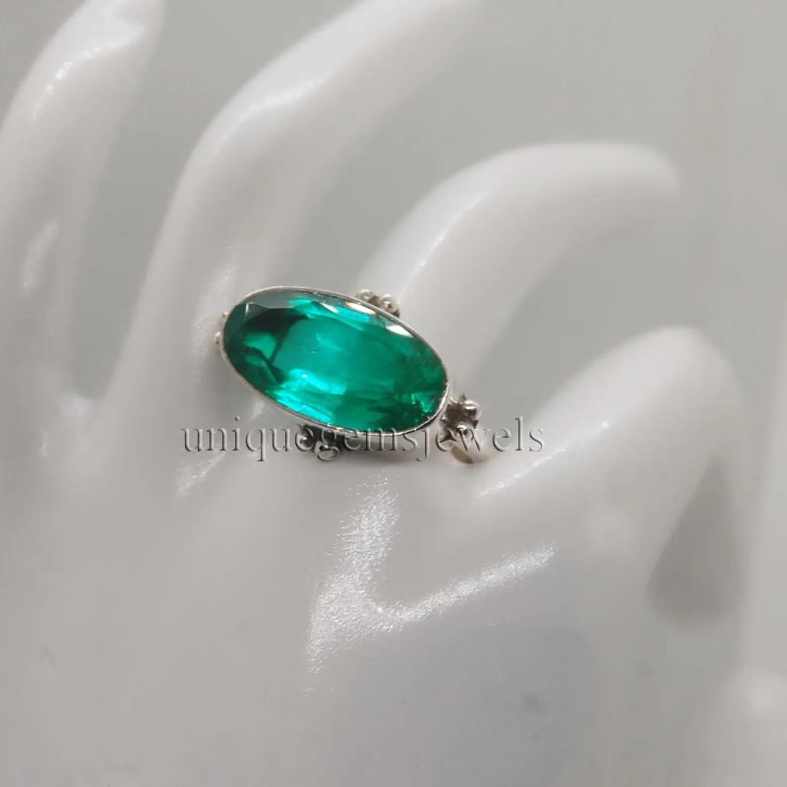 

Rich Green Horizontal Emerald Quartz 925 Sterling Silver Ring, Wedding Gift Statement Zodiac Ring 10