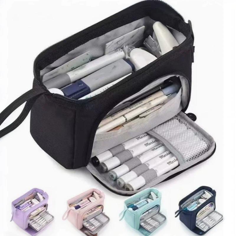 1Pcs Minimalist Student Creative Stationery Storage Bag Large Capacity Pencil Case With Pen Holder Label