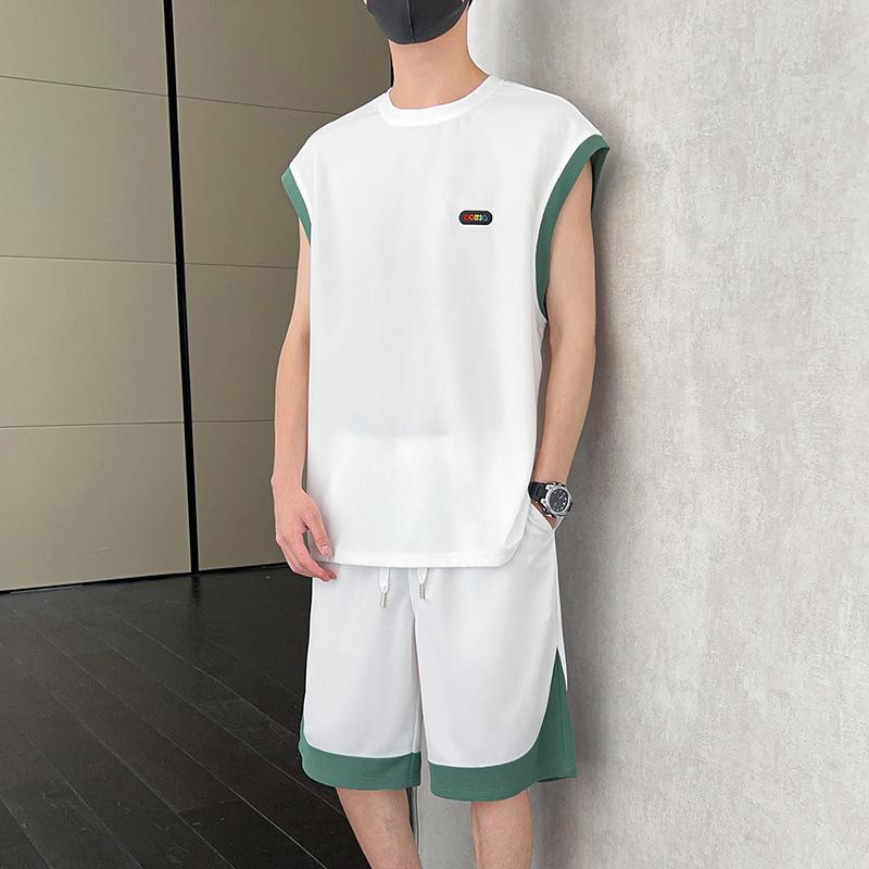 

Мужской повседневный костюм-двойка: жилет с надписью на плече и свободные спортивные шорты L белый