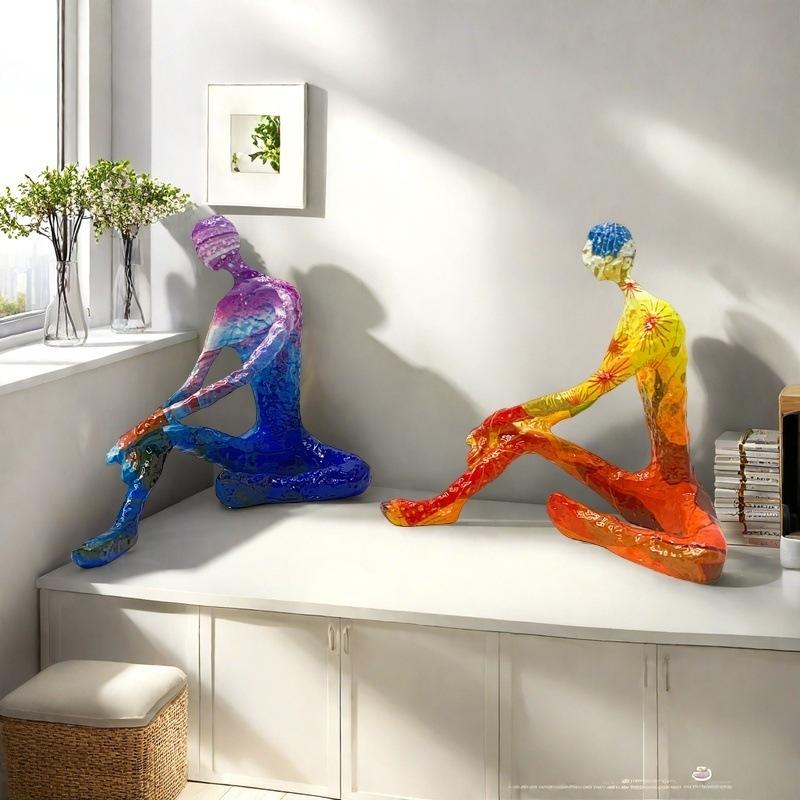 Abstrakte Yoga-Figuren Statuen Bunte Graffiti-Kunst Figur Moderner Stil Zuhause Wohnzimmer Schreibtisch Weinschränke Harzornamente