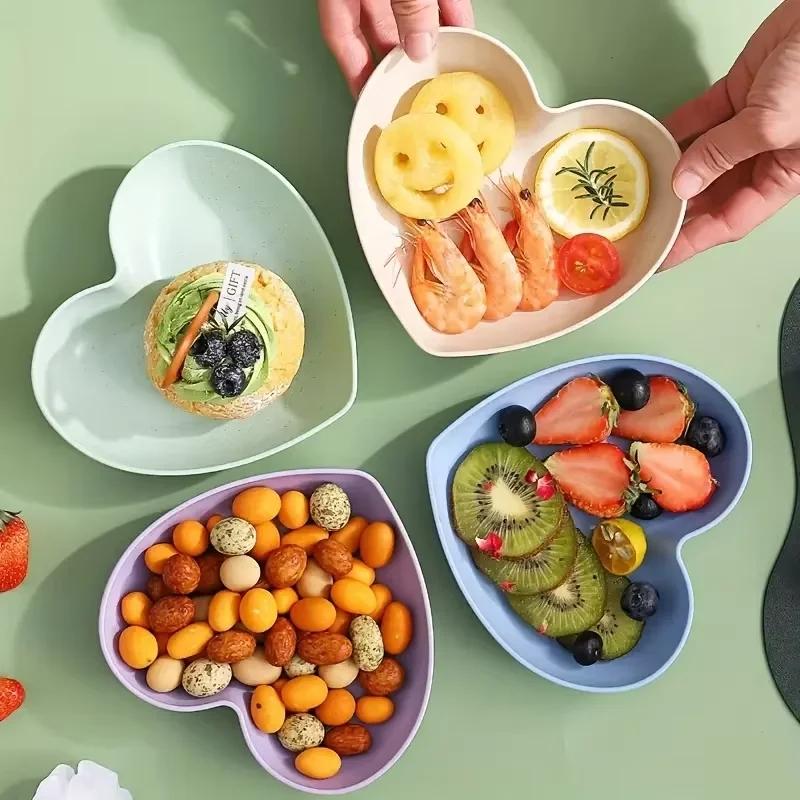 5Pcs Creative Color Heart Shaped Plate Wheat Straw Household Living Room Fruit Dim Sum Plate Fashionable Children Tableware