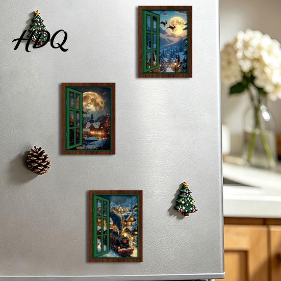 Christmas Fridge Magnet 3Pcs Light-up Window Magnet Wooden Fake Refrigerator Magnets with LED Light Magnetic Decoration for Holiday Party