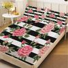 3pcs Fitted Sheet Set Black And White Stripes With Pink Roses Bed Sheet With Pillowcases For Bedroom Decor