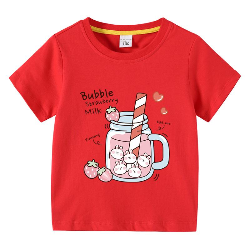 Girls TShirt Bubble Strawberry Milk Print Short Sleeve Tee Cute Cartoon Summer Casual Tops for Kids Children