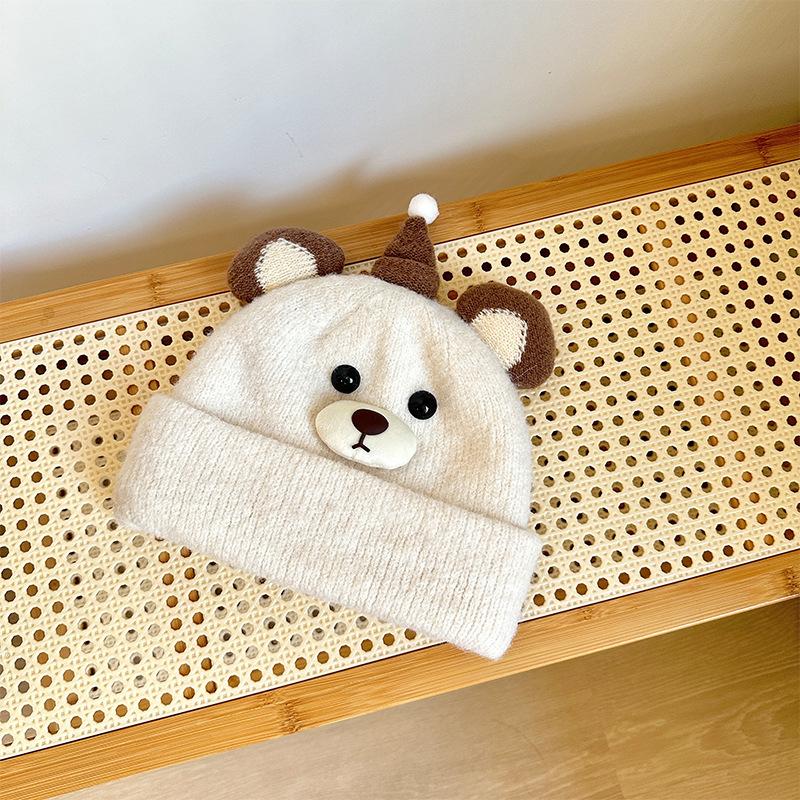 Autumn and Winter Children's Hats Cute Bear Wool Knitted Hat Double Layer Warm and Cold-proof Ear Protection Hat Pullover Woolen Hat