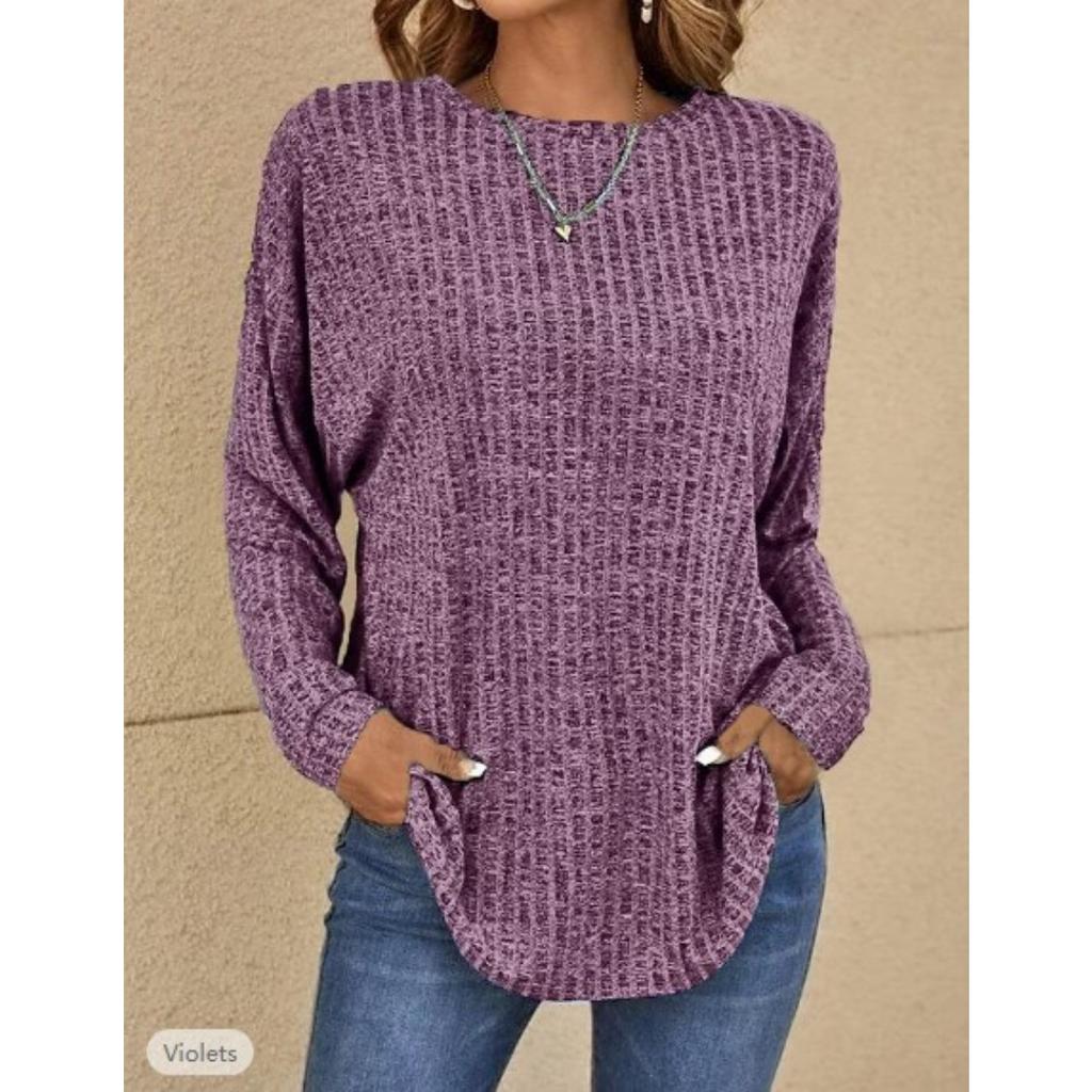 Fall New Ribbed Crew Neck Loose Long Sleeve Knit Top T-shirt for Women European American Style