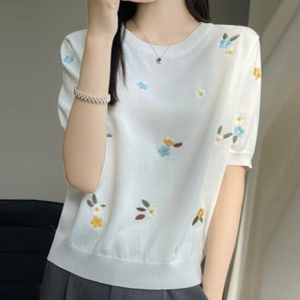 Navava Nk3057 Pastel Flower Embroidery Short Sleeve Knit