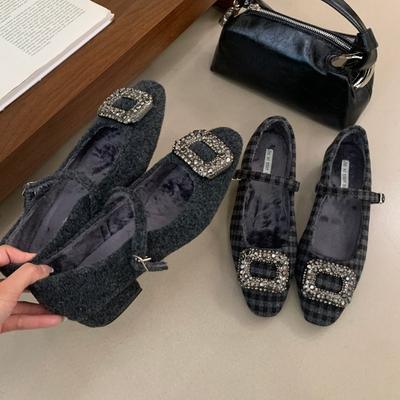 French Plush Mary Jane Shoes Women's 2025 Winter New Plush Square Head Plush Shoes Single Shoes Rhinestone Flats