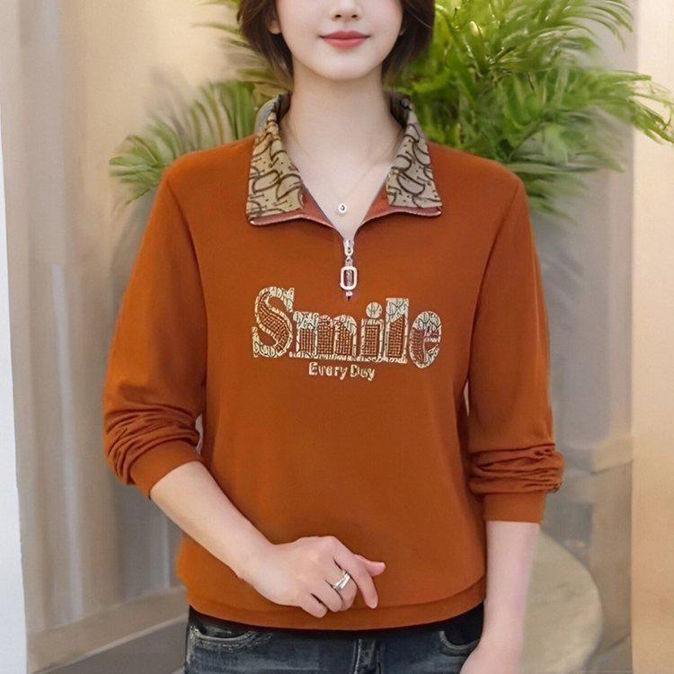 2024 Autumn Women's Letter Zipper Lapel Sweatshirt - Mom-Style Long Sleeve with Sparkling Details