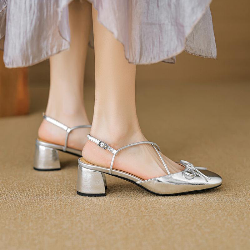 

Summer women s fashion sandals women s leather bag head sandals middle heel new solid color back empty sandals large size beef tendon sole 40 серебряный