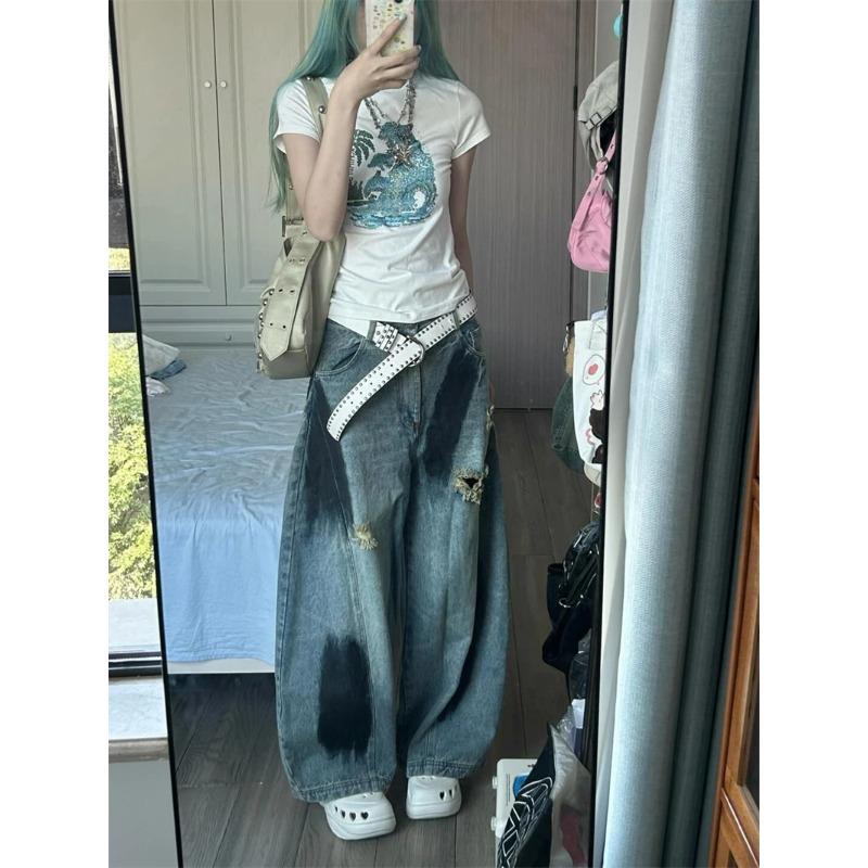 Damskie dżinsy Y2k z dziurami, spodnie dżinsowe w stylu Harajuku Y2k spodnie jeansowe oversize Vintage, estetyczne, japońskie, styl lat 2000. tandetne ubrania