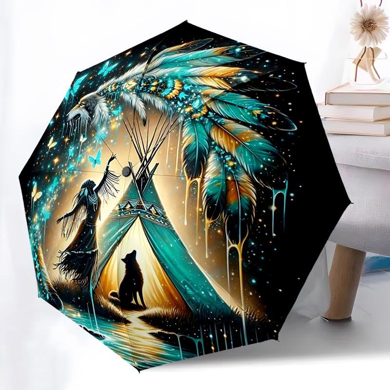 Natural Tribal Themed Folding Umbrella Fashion Auto-Open 8 Iron Ribs Plastic Handle Foldable Sunshade Perfect Christmas Gifts