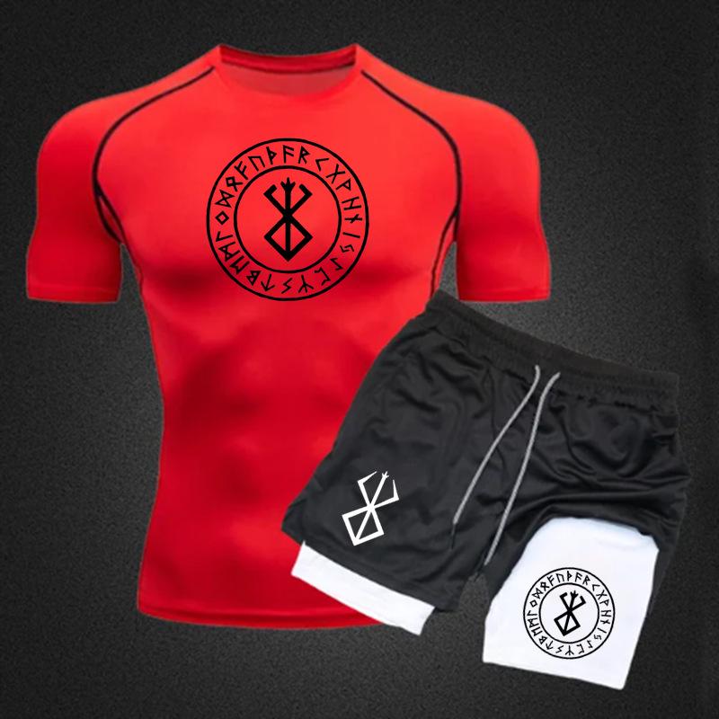 Men's Anime Double-Layer Quick-Dry Shorts & Tee Set for Outdoor Running & Fitness