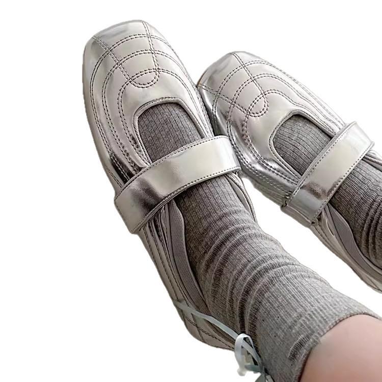 Cowhide Version~ Silver Light Mouth Mary Jane Shoes Women's 2025 New Versatile Casual Commuter Shoes Simple Retro Single Shoes