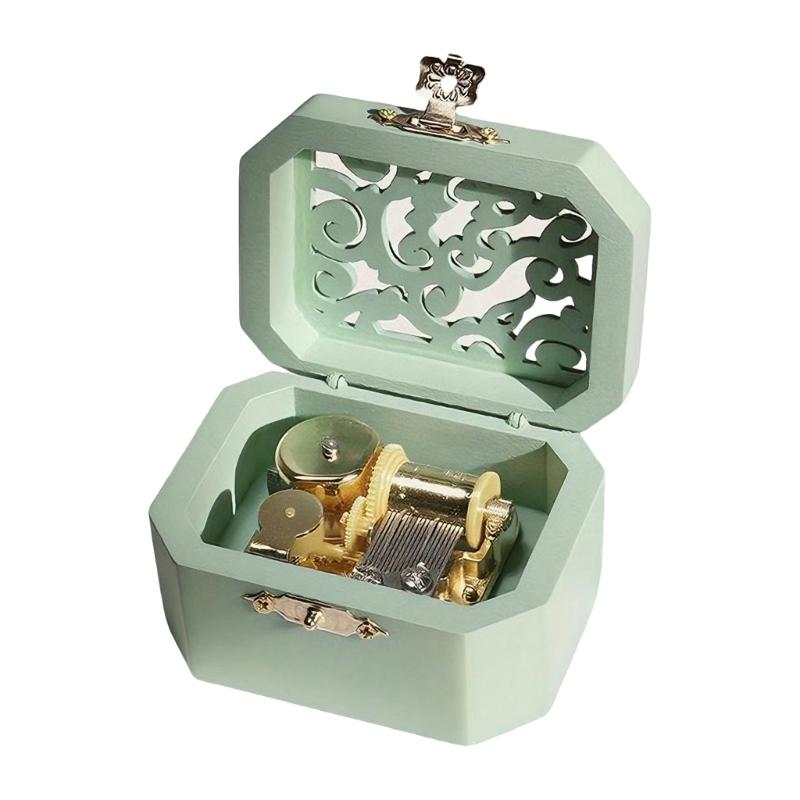 

Retro Miniature Wind Up Music Box with Intricate Hollowout Design Wooden Carving Case Musical Gift for Lover Family Friend светло-зеленый