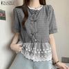 Damen Sommer Rundhals Spitze Patchwork Kariert Lässig Rüschenbluse