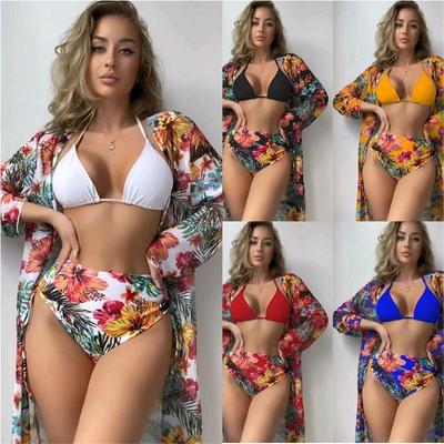 New Swimsuit Bikini Long-sleeved Blouse Sexy Tight-fitting Printed Split Bikini Three-piece Set