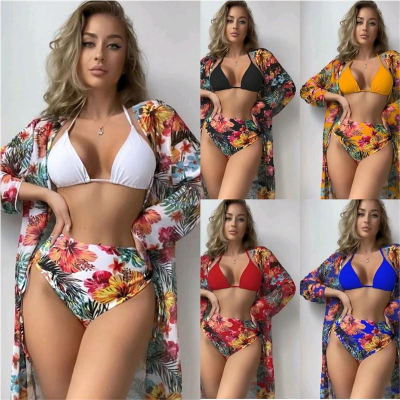 New swimsuit bikini long-sleeved blouse sexy tight-fitting printed split bikini three-piece set