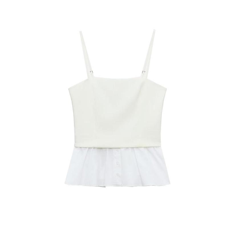Spring New Women's Clothing Patchwork Design White Vest Poplin Camisole Straight Collar Top 2140777