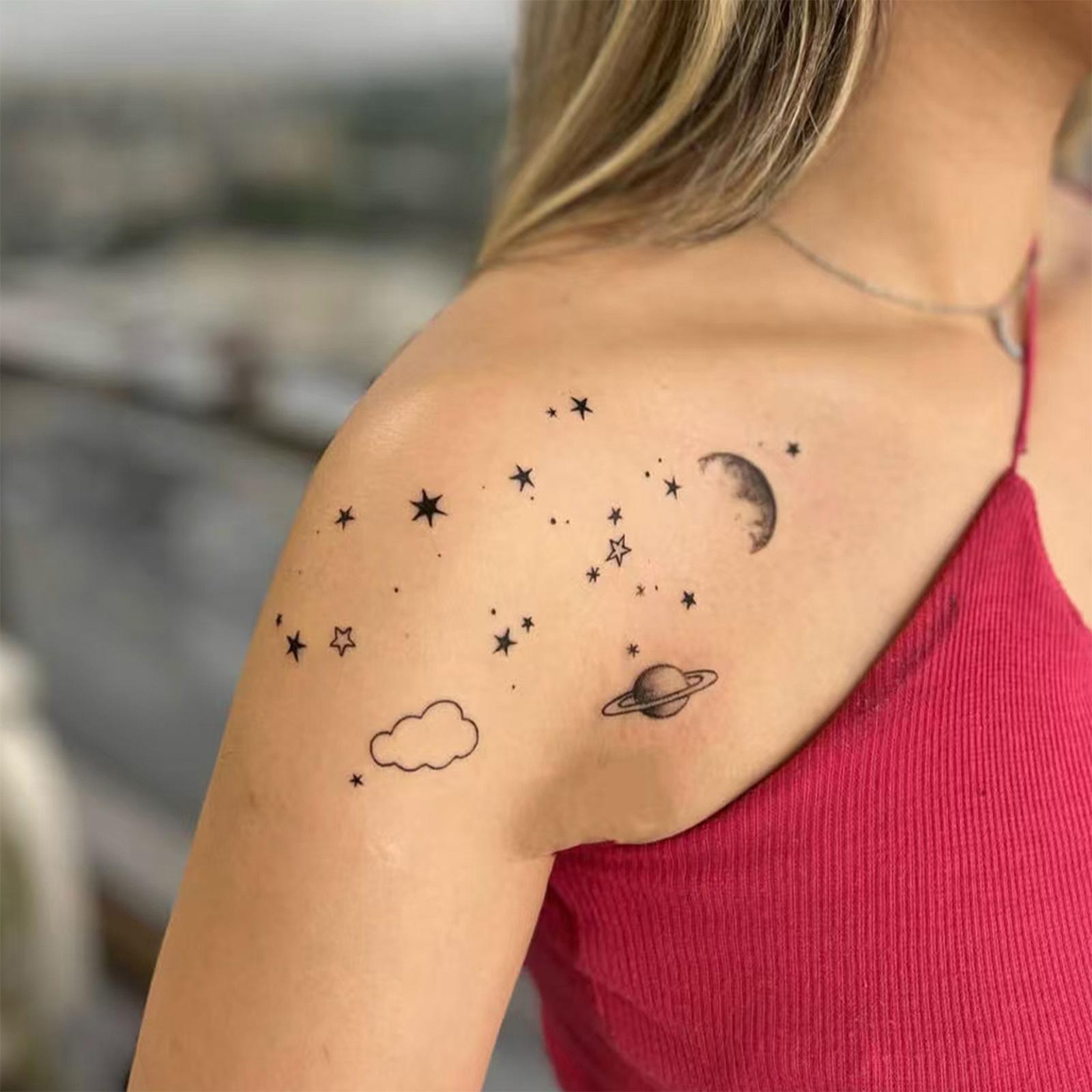 Glow Makeup Unisex Cosmic Starry Sky Tattoo Sticker, Waterproof And Long-Lasting, Clavicle Shoulder And Neck Model, Simulated Tattoo Sticker.