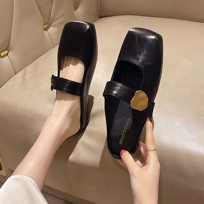 Retro temperament single shoes women's 2025 spring new outer wear square head low heel thick heel Mary Jane shoes bag head drag