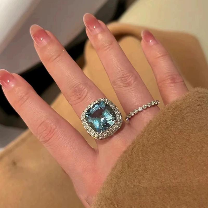 Fashion Wedding Band Bridal Ring Luxury Blue Zirconia Crystal Stone  Sterling Silver  for Women Engagement