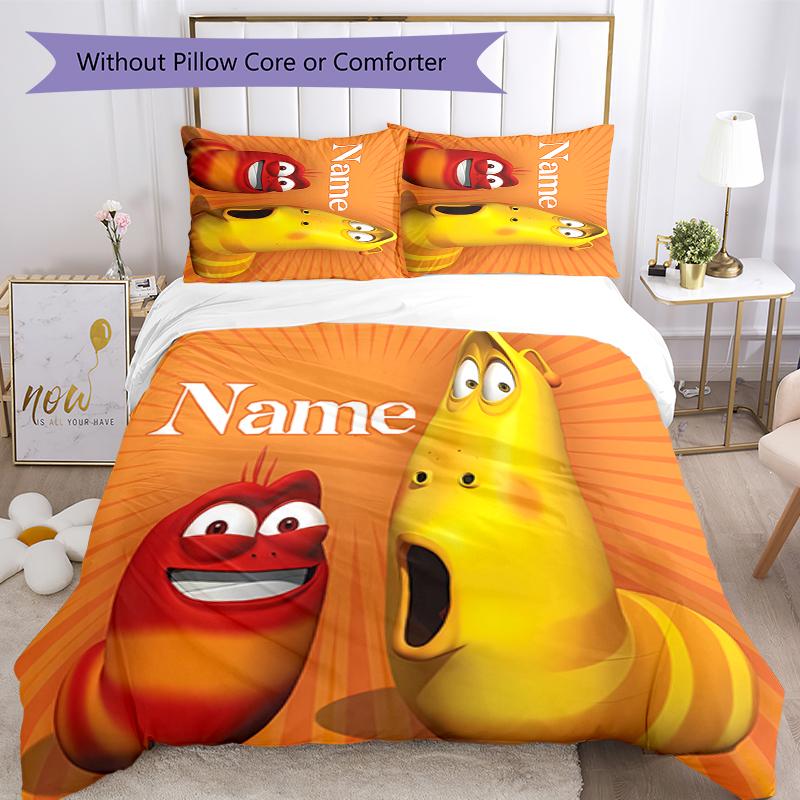 3pcs Custom Name Cartoon Larva Bedding Set Duvet Cover Closure Includes 1 Duvet Cover & 2 Pillowcases for All Seasons Bedroom Decor