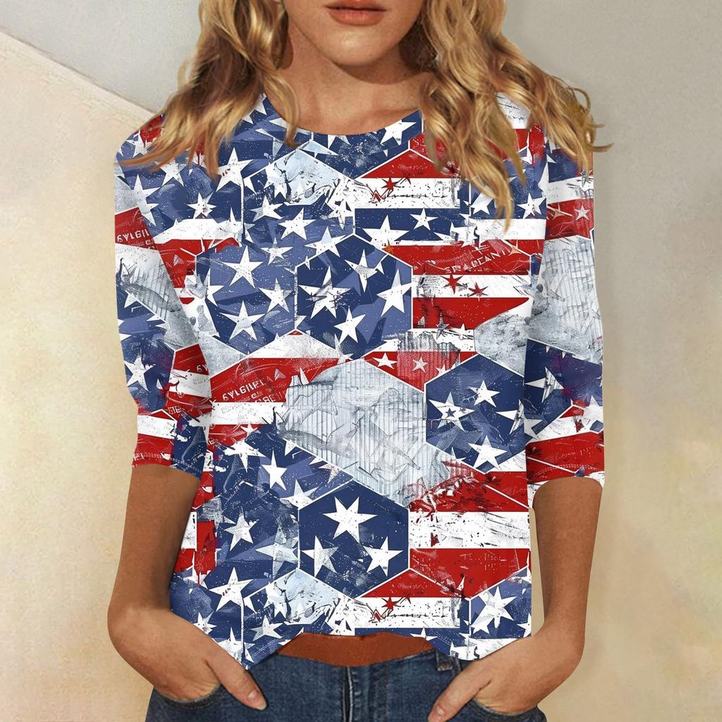 Women's Fashion Casual Three-quarter Sleeve Independence Day Printed Round Neck Top