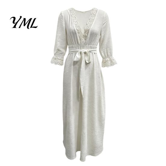 Versatile Commuter Dress Women V-Neck Lace for Fall, 3/4 Sleeves Maxi with V Neck Belt, Solid Color Loose Casual Long Vacation Daily Wear