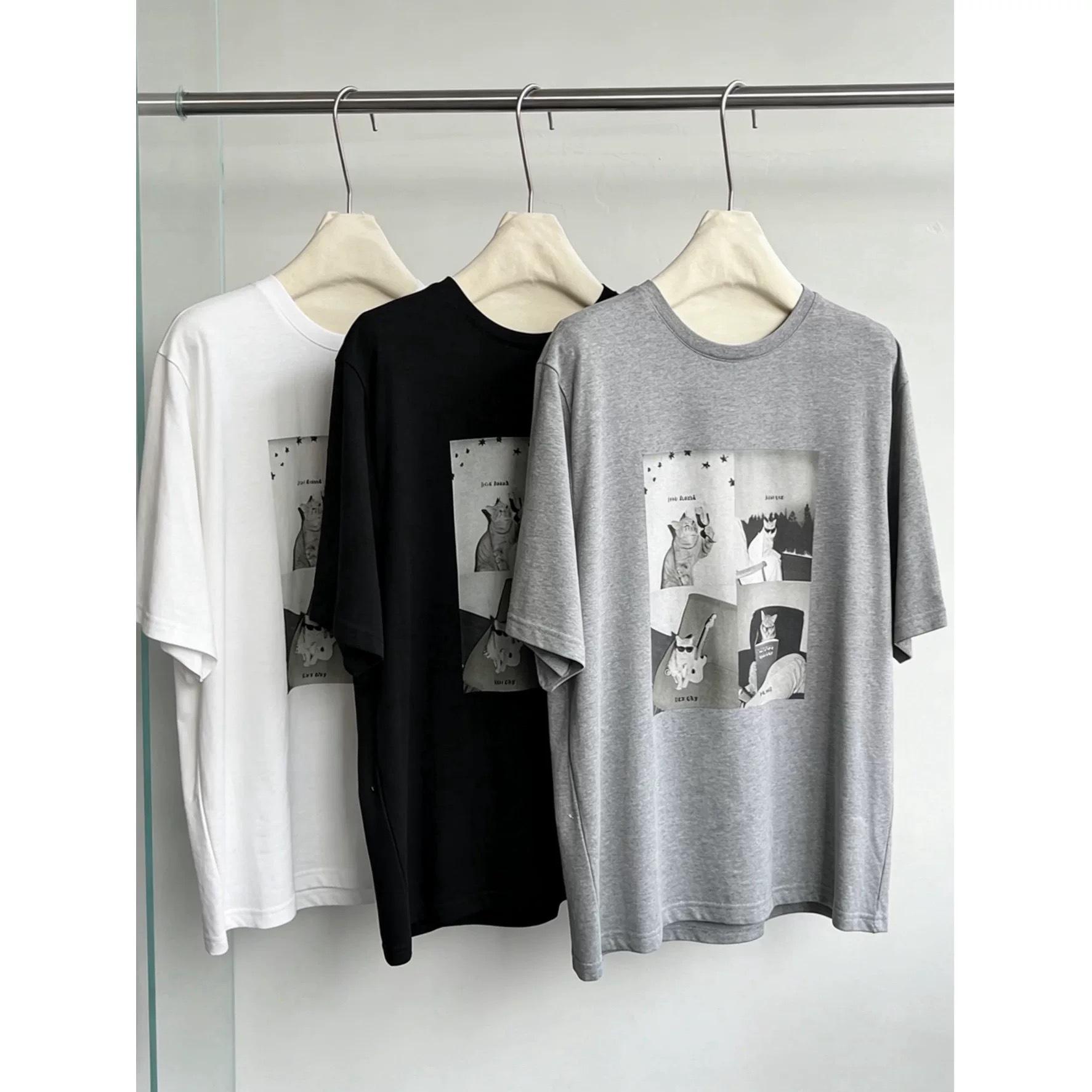 

Korean Cartoon Cat Print Plus Size Loose Cotton T-Shirt for Women - American Casual Style L белый