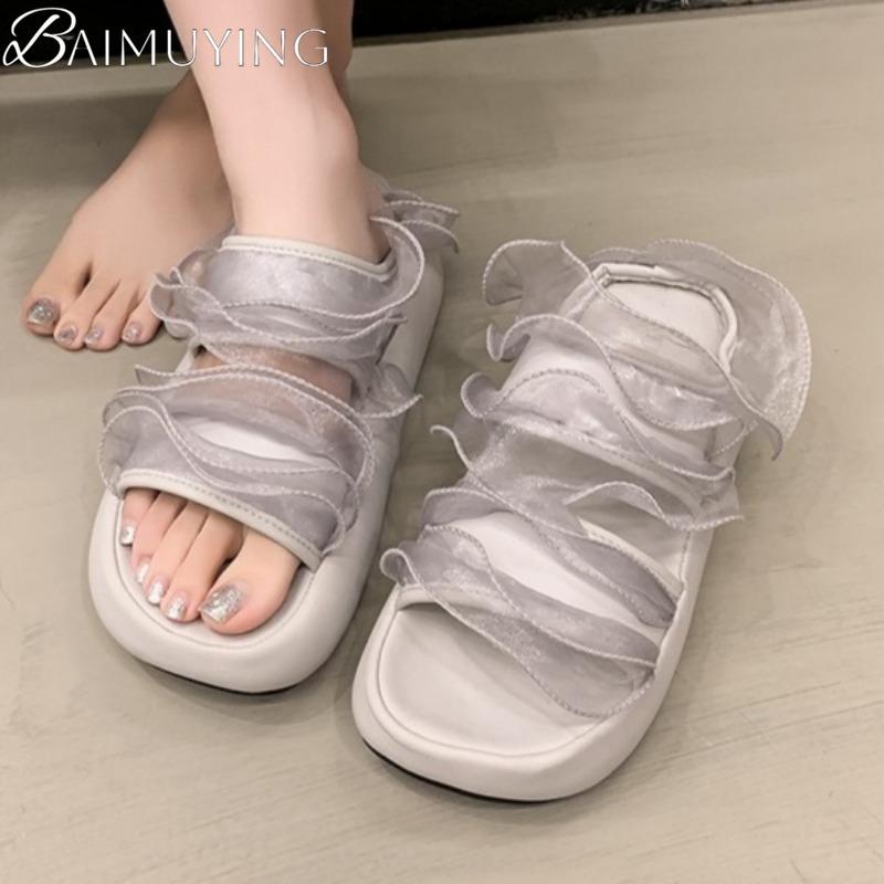 Square Toe Women Slippers Lace Casual Shoes Woman Platform Flat Sandals Summer 2025 Brand Comfort Shallow Sandalias De Mujer