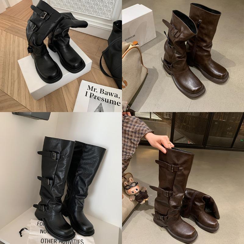 Height Increase 6 Fashionable Belt Buckle Square Round Head Pleated Medium Tube Knight Boots Women's Autumn High Boots Women's