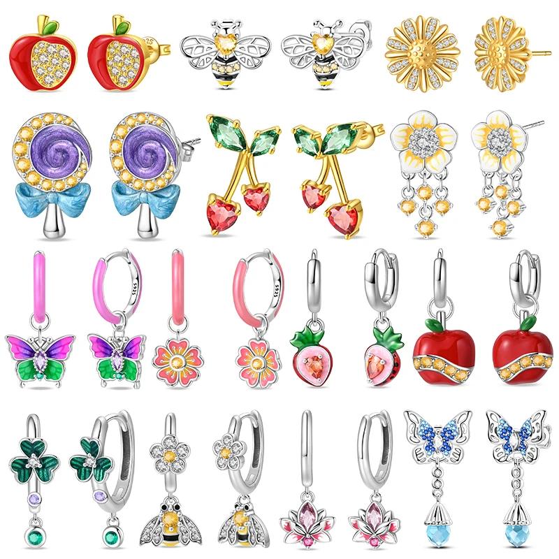 New 925 Silver Bee Butterfly Pink Lily Lotus Earrings for Women Cherry Apple Strawberry Ear Studs Elegant Party Jewelry
