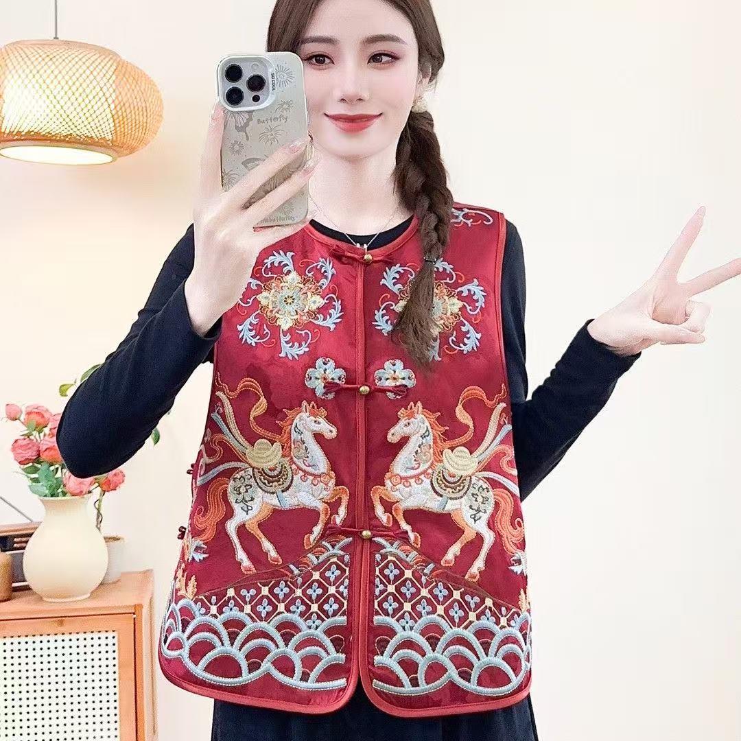2026 Spring Women s Retro Embroidered Sleeveless Cardigan – Artistic National Style 2XL