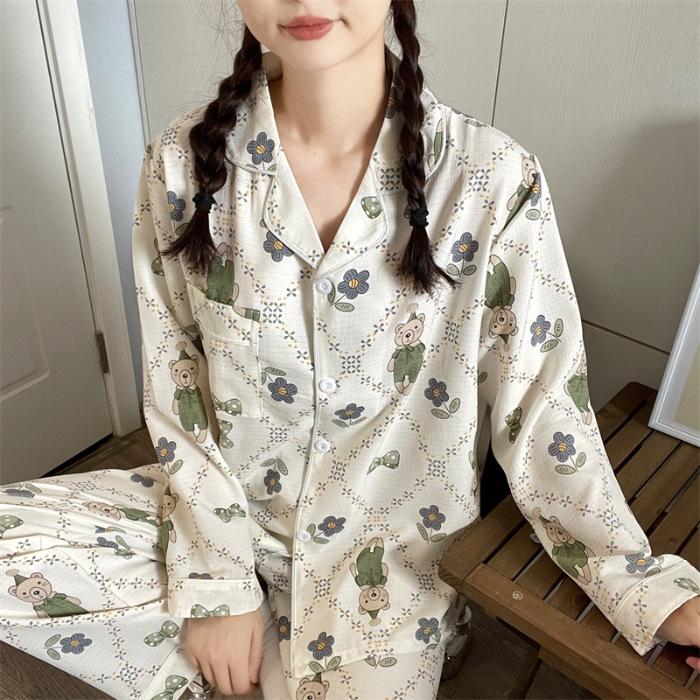 

Пижамный комплект с кардиганом и рисунком: Длинный рукав, не мнется, состоящий из двух частей для женщин, идеально подходит для весны и осени M (80-100 jin)