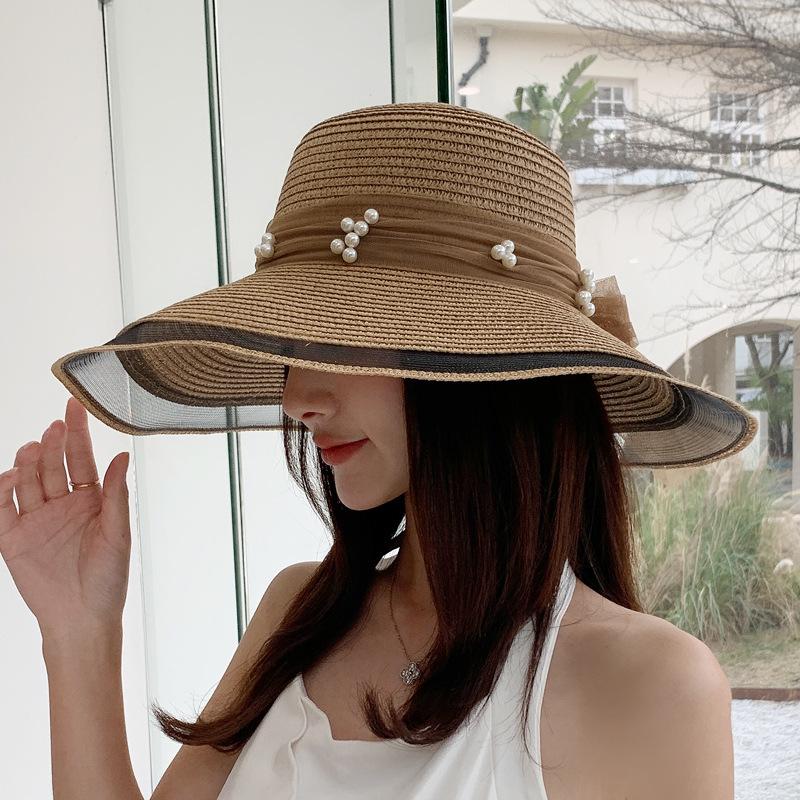 

Seaside straw hat women s summer beach hat new mesh pearl visor sun hat big brim sun protection casual hat average size