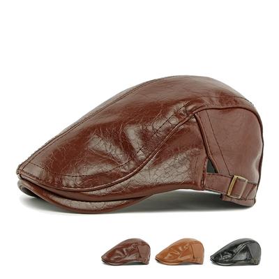 Herbst Winter Hut Herren PU Leder Baskenmütze Britisch Retro Schiebermütze Warm Schirmmütze