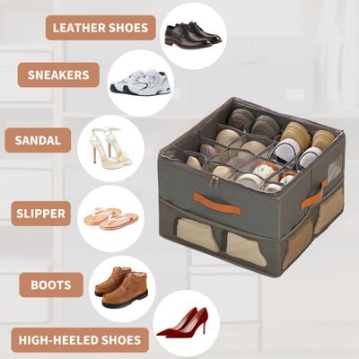 Shoe Storage Bin with Clear Cover Zipper Closure Large Capacity Multiple Compartments Shoe Organizer Adjustable Dividers