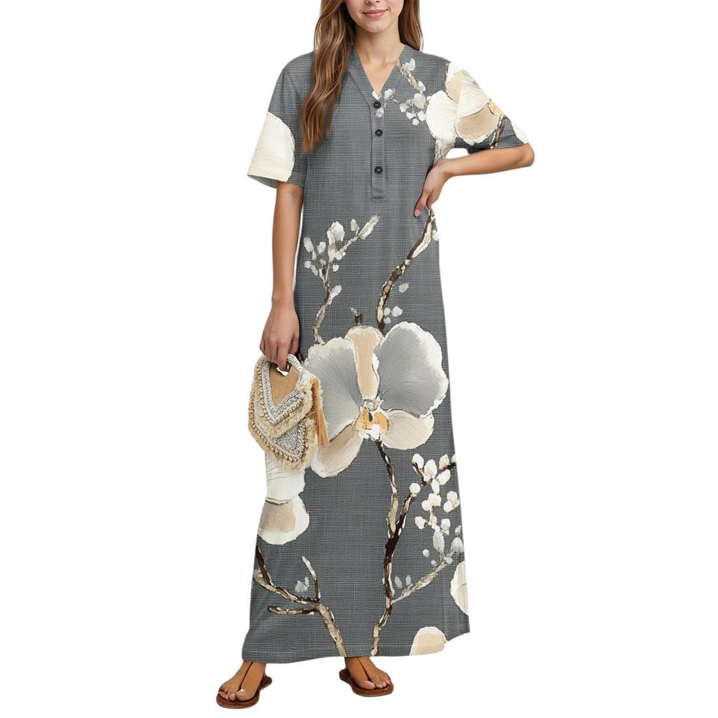 Women's Fashion Printed Nightgown Home Clothes Short Sleeve Nightgown With Pockets Long Dress