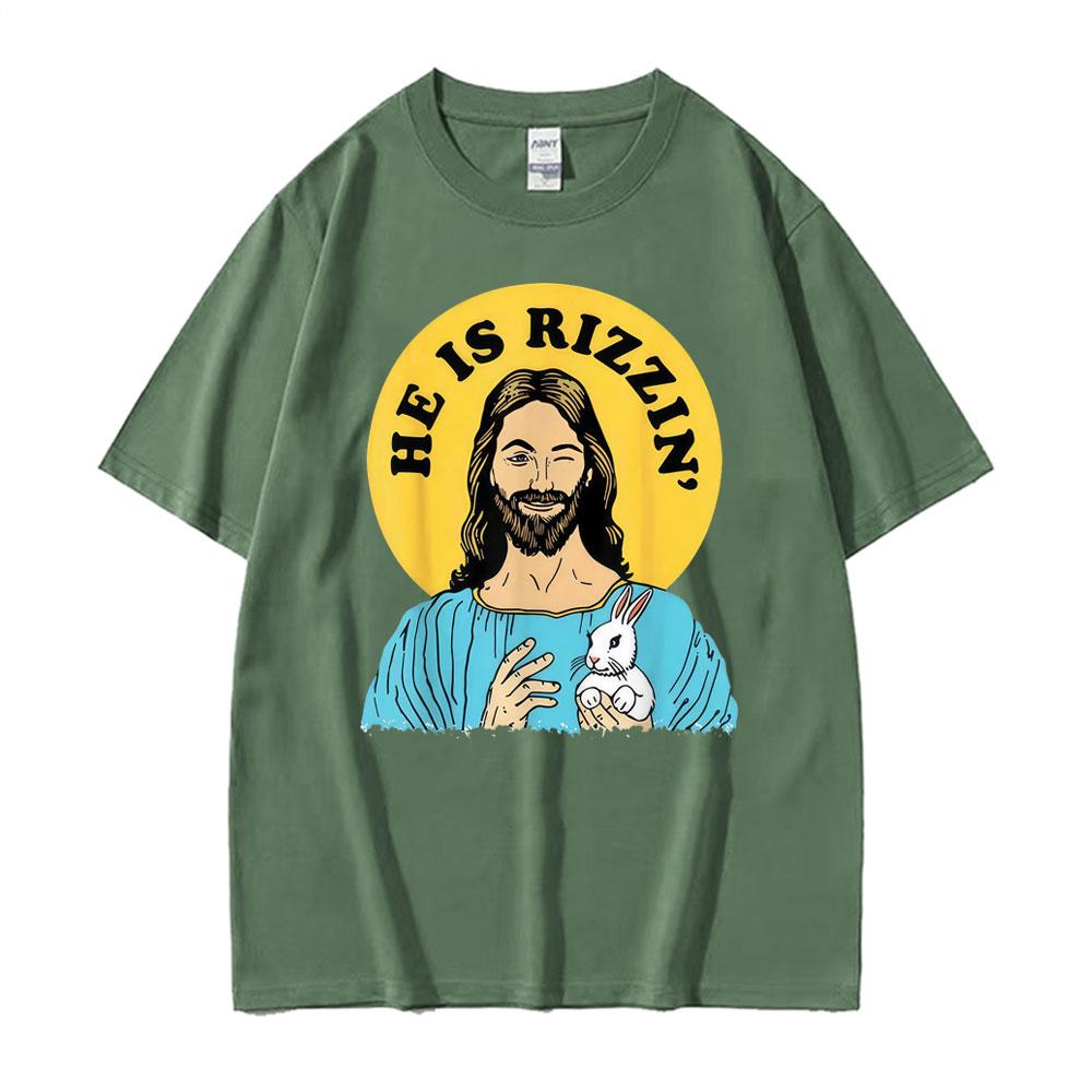 Fashion He Is Rizzin Jesus Funny Meme Graphic T Shirts Men Women Humor Streetwear Tshirts Casual 100 Cotton Oversized Tshirt
