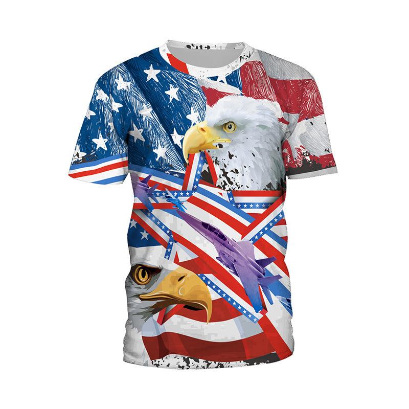 Summer Round Neck 3D American Flag and Animal Graphic Print T-shirts Fashionable Casual Short Sleeved Men's T-shirts
